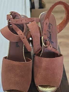 Free People Rust Suede Ankle-Tie Wedge Sandals